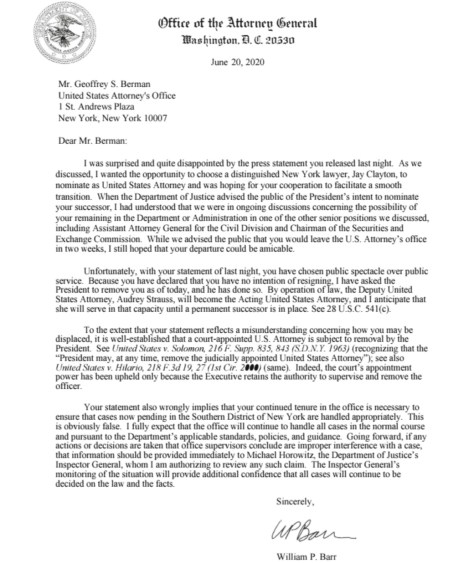 AG barr letter to Geoffrey Berman lol